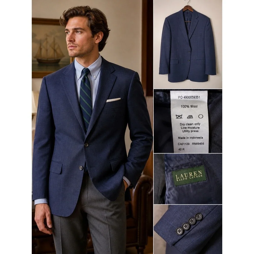 Lauren Ralph Lauren Mens 42R Navy Blue Windowpane 100% Wool Blazer Sport‎ Coat